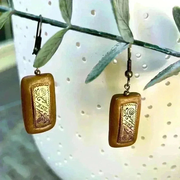 Rustic Silver and Brown Rectangle Earrings - Picture 1 of 6